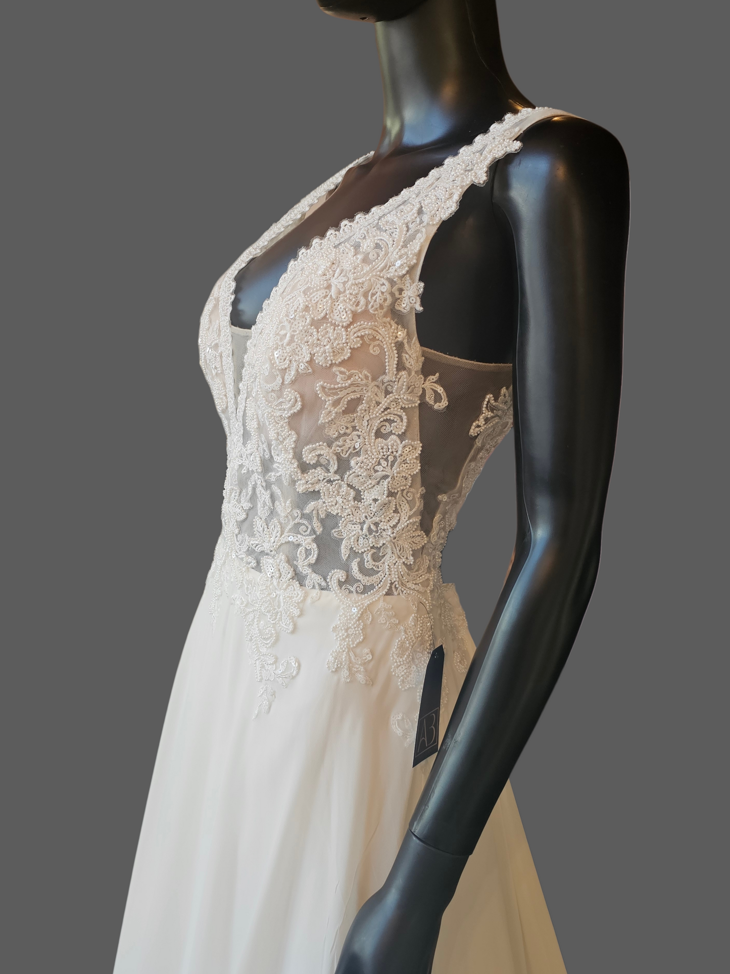 Ivory V-Neck Beaded Plunge Chiffon Skirt A-Line Wedding Gown - Beloved Private Label