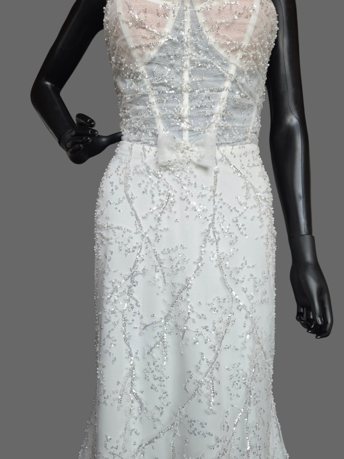 Ivory Straight Strapless Fitted Pearl/Silver Vine Wedding Gown - Willow