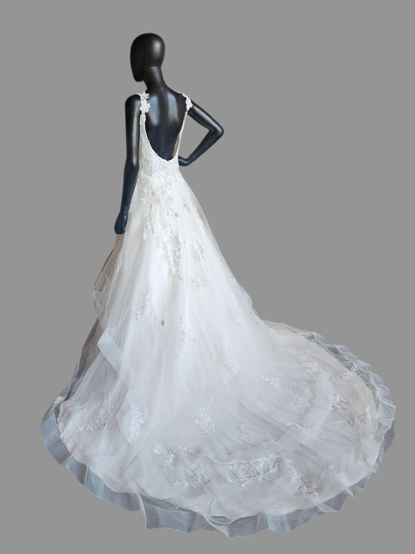 A-Line Floral Tiered Laced Sleeves Sweetheart Plunge Wedding Gown- Beloved