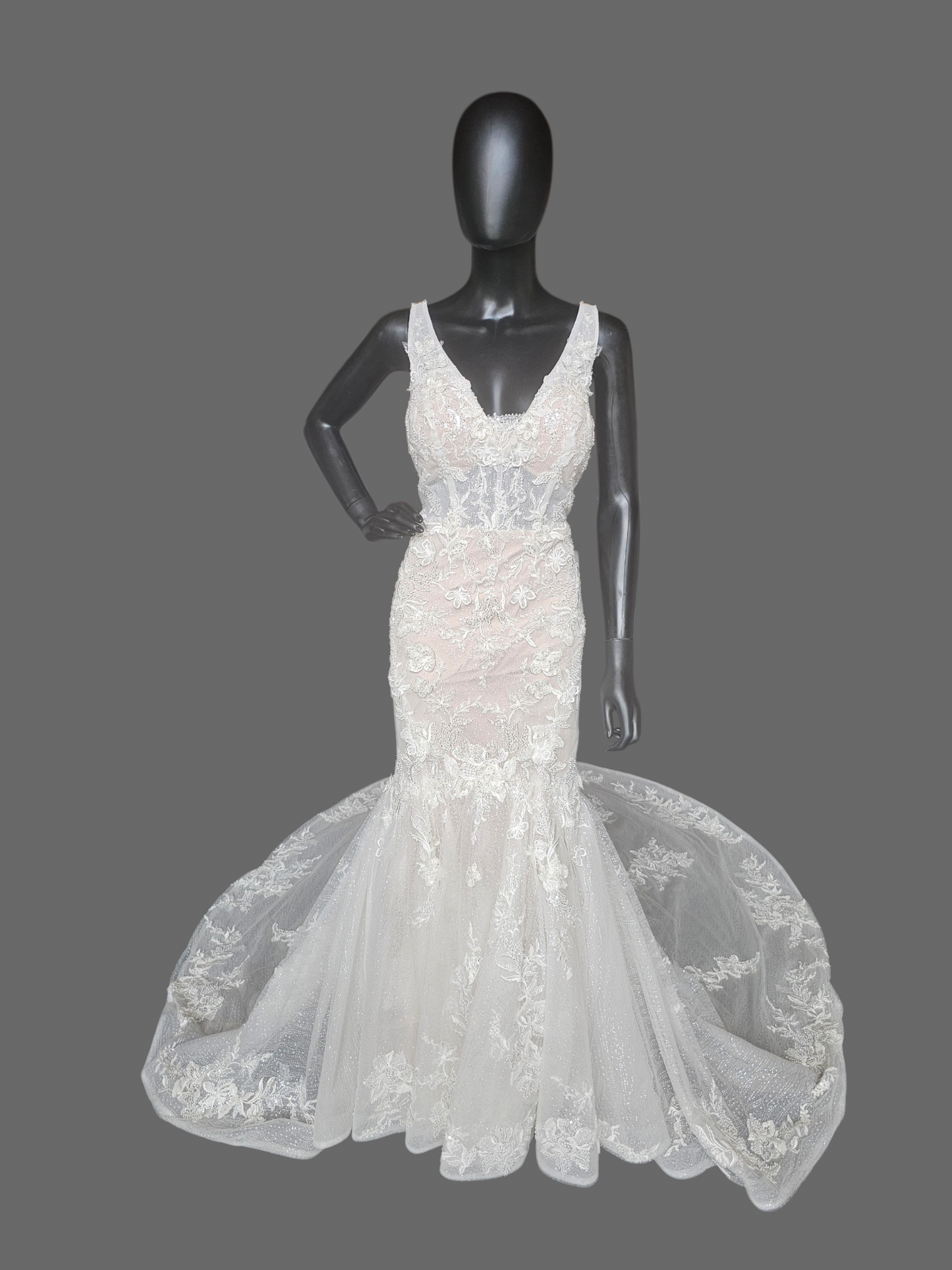 V-Neck Fit/Flare Floral Sparkle Wedding Gown - Martina Liana