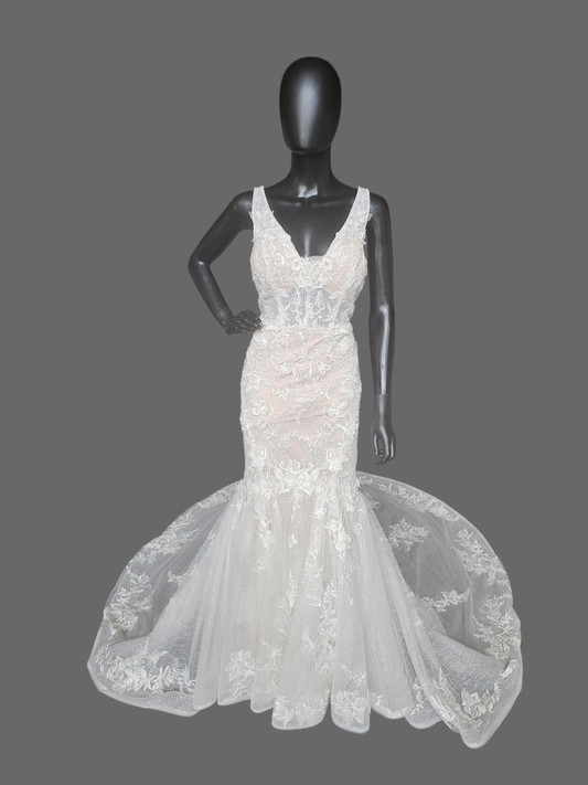 V-Neck Fit/Flare Floral Sparkle Wedding Gown - Martina Liana