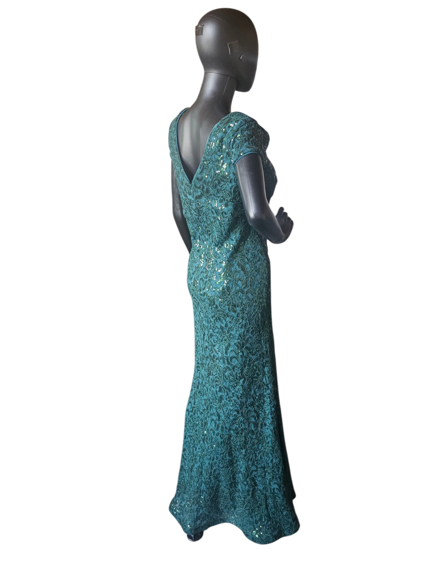 Hunter Green Floral Sequin Detail Cap Sleeve Full Length- R & M