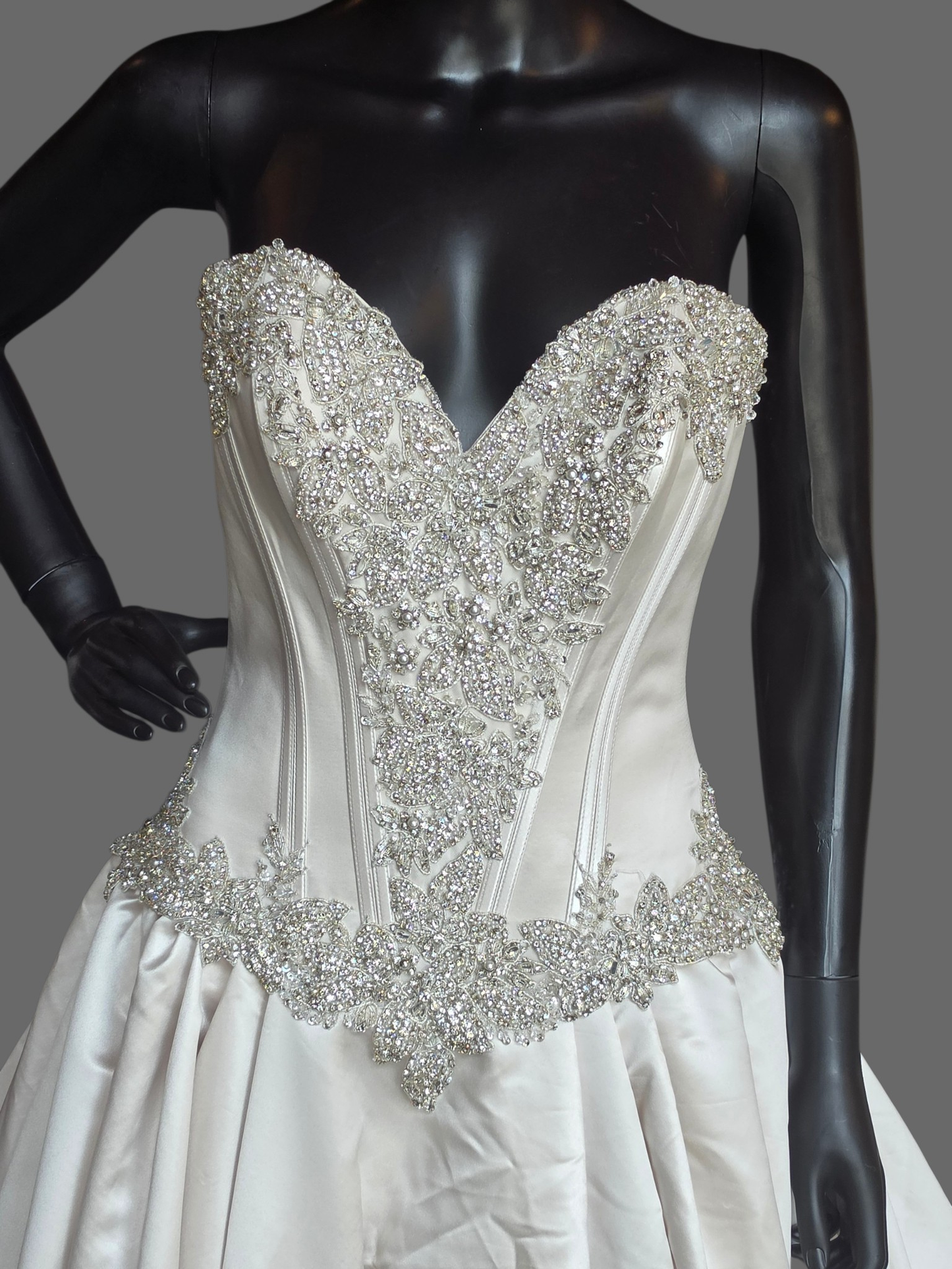 Café/Silver Satin Beaded Basque Waist Sweetheart Wedding Gown - Allure