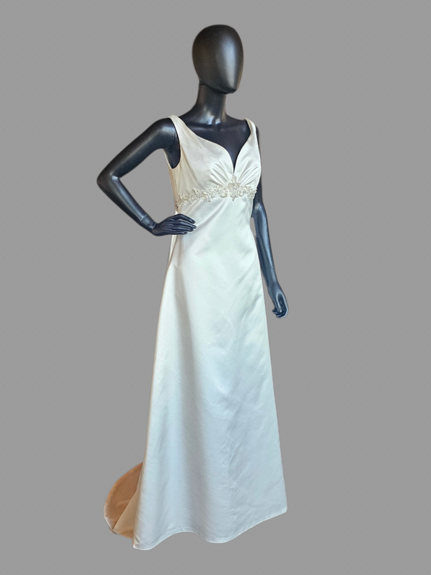 Ivory Simple Satin V-Neck Sheath Open Back Applica Detail Wedding Dress- Destiny