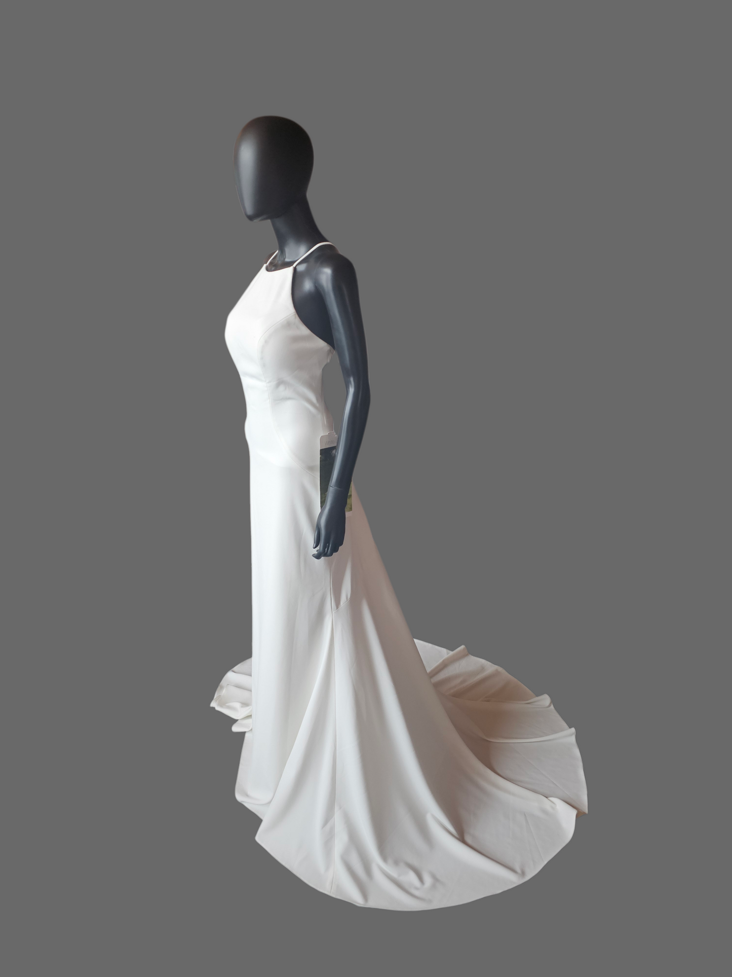 Ivory Stretch Crepe Halter Fit/Flare Minimalist Wedding Gown - Mori Lee