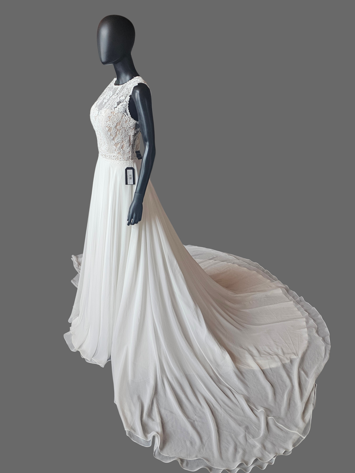 Ivory/Nude High Neck Lace Chiffon Skirt Wedding Gown - Justin Alexander