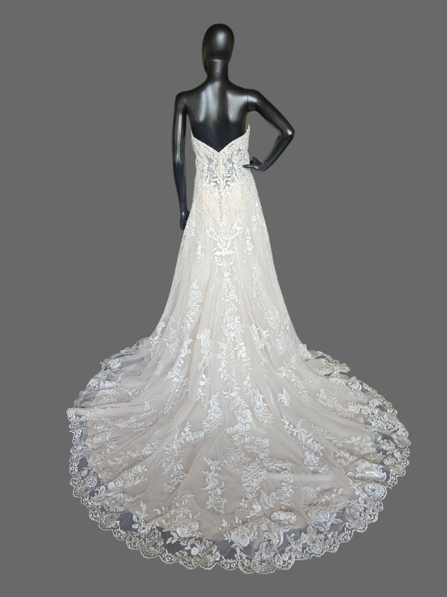 Nude/ White Full Scale Floral Beading Strapless Sweetheart Illusion Bodice Beaded Fit/Flare Wedding Gown - Beloved