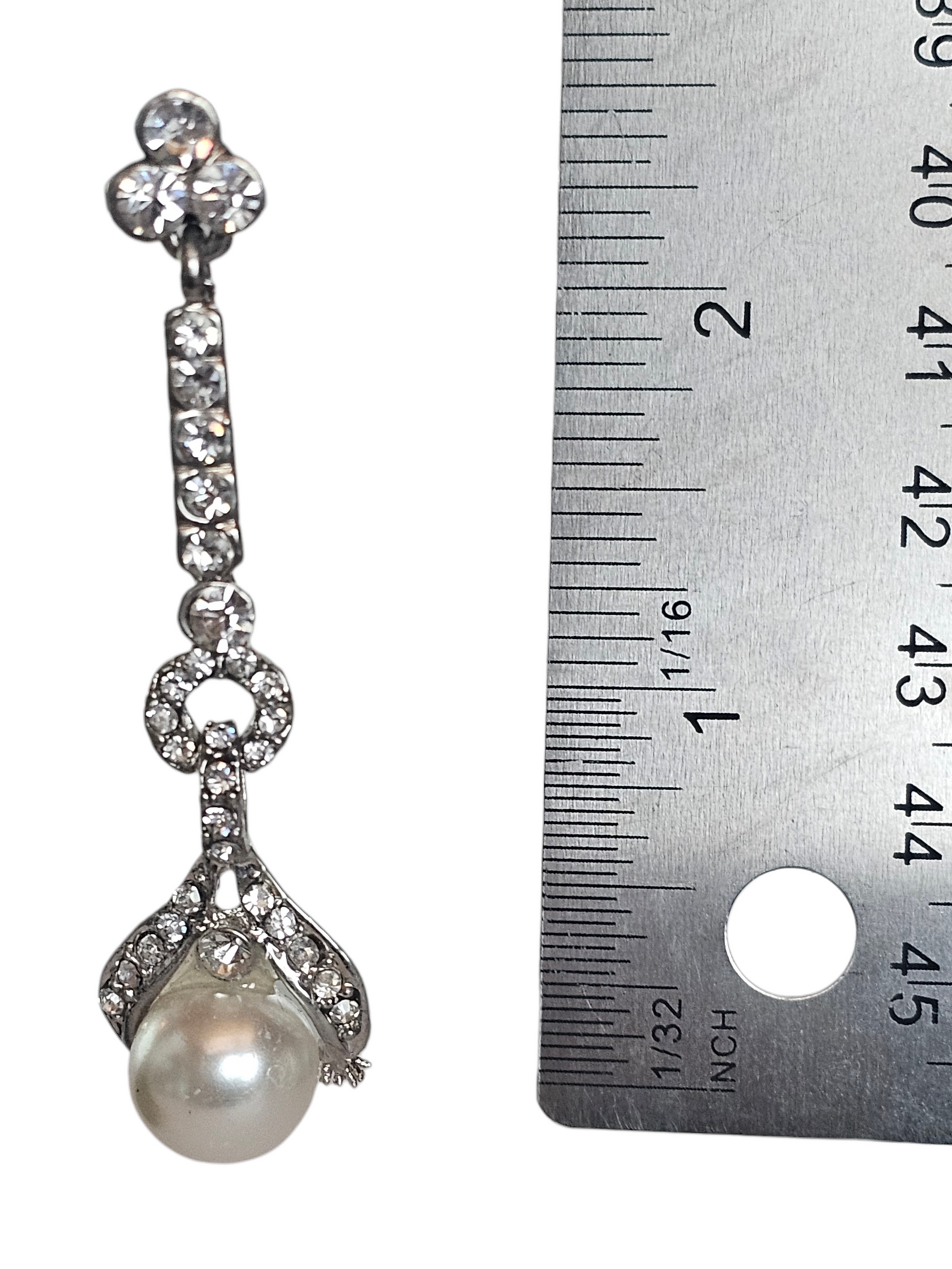 Long Silver/Rhinestone Pearl Drop Earring - Mariell