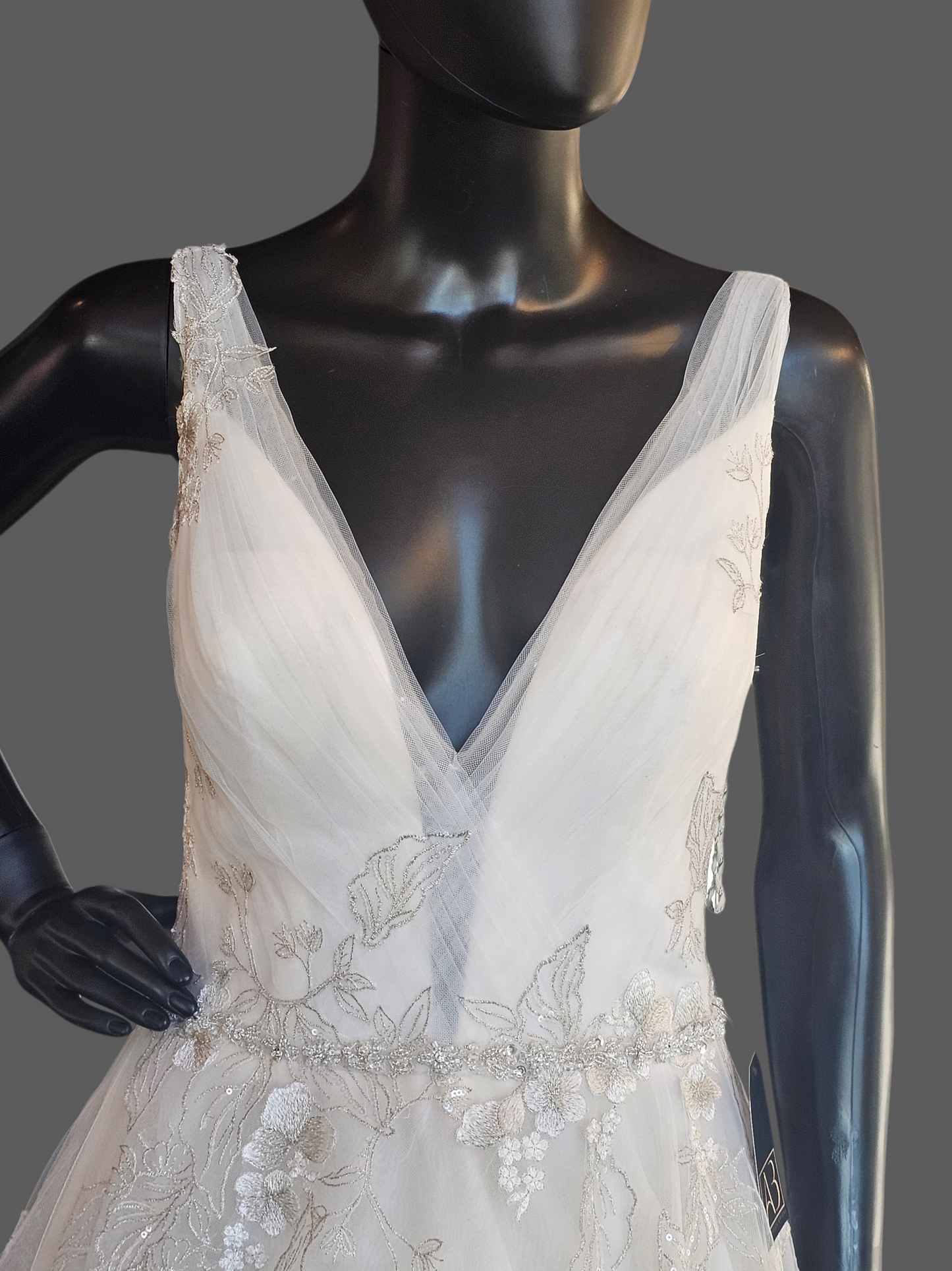 Ivory/Vanilla V-Neck Belted A-line Floral Embroidered Wedding Gown - Martin Thornburg