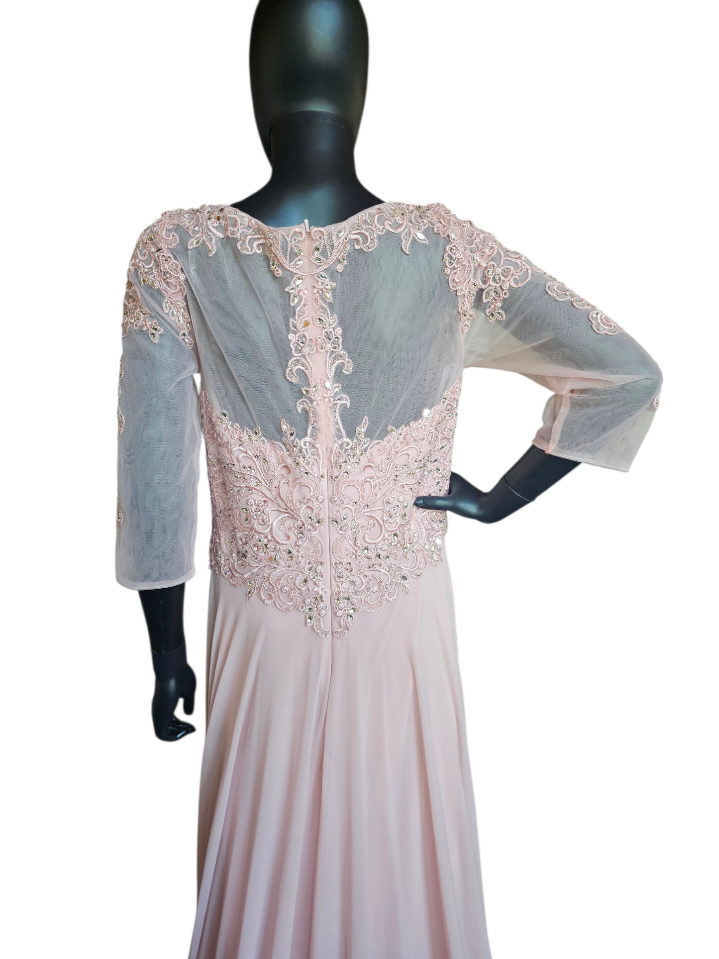 Rose  A-Line Long Sleeve Rhinestone Lace Chiffon Illusion Back Moms Dress  - MGNY