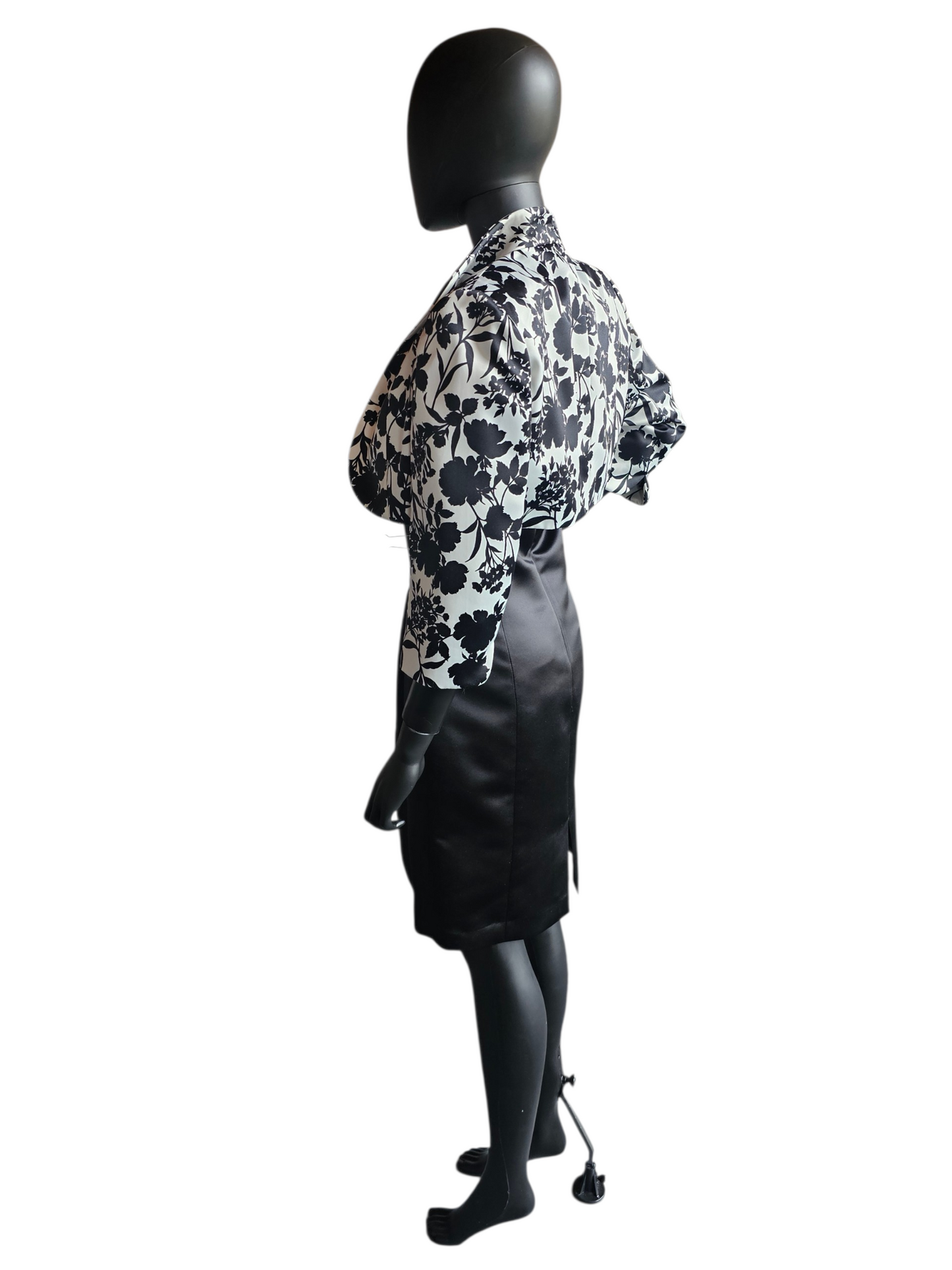 Black/White Floral Satin Cocktail Dress & Cropped Jacket - Tahari