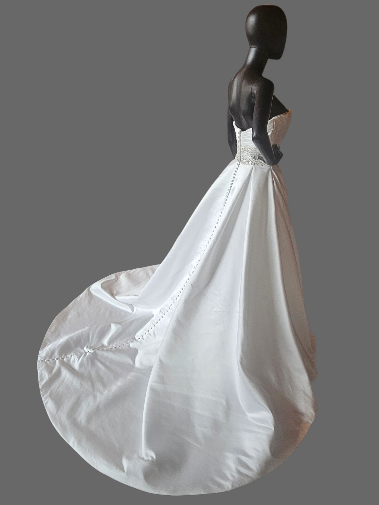 White Satin Box Pleat Crystal Waist Wedding Gown - Mori Lee