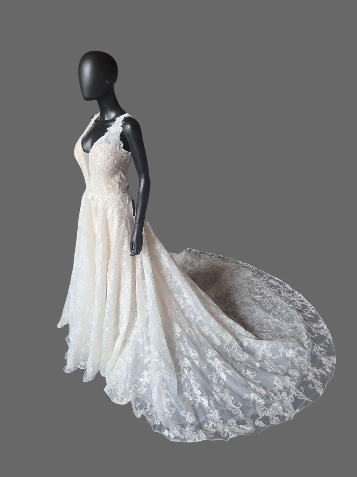 Ivory/Nude 3-Look Lace Plunge Sparkle A-Line Wedding Gown W/Detatch Sleeve - Martin Thornburg