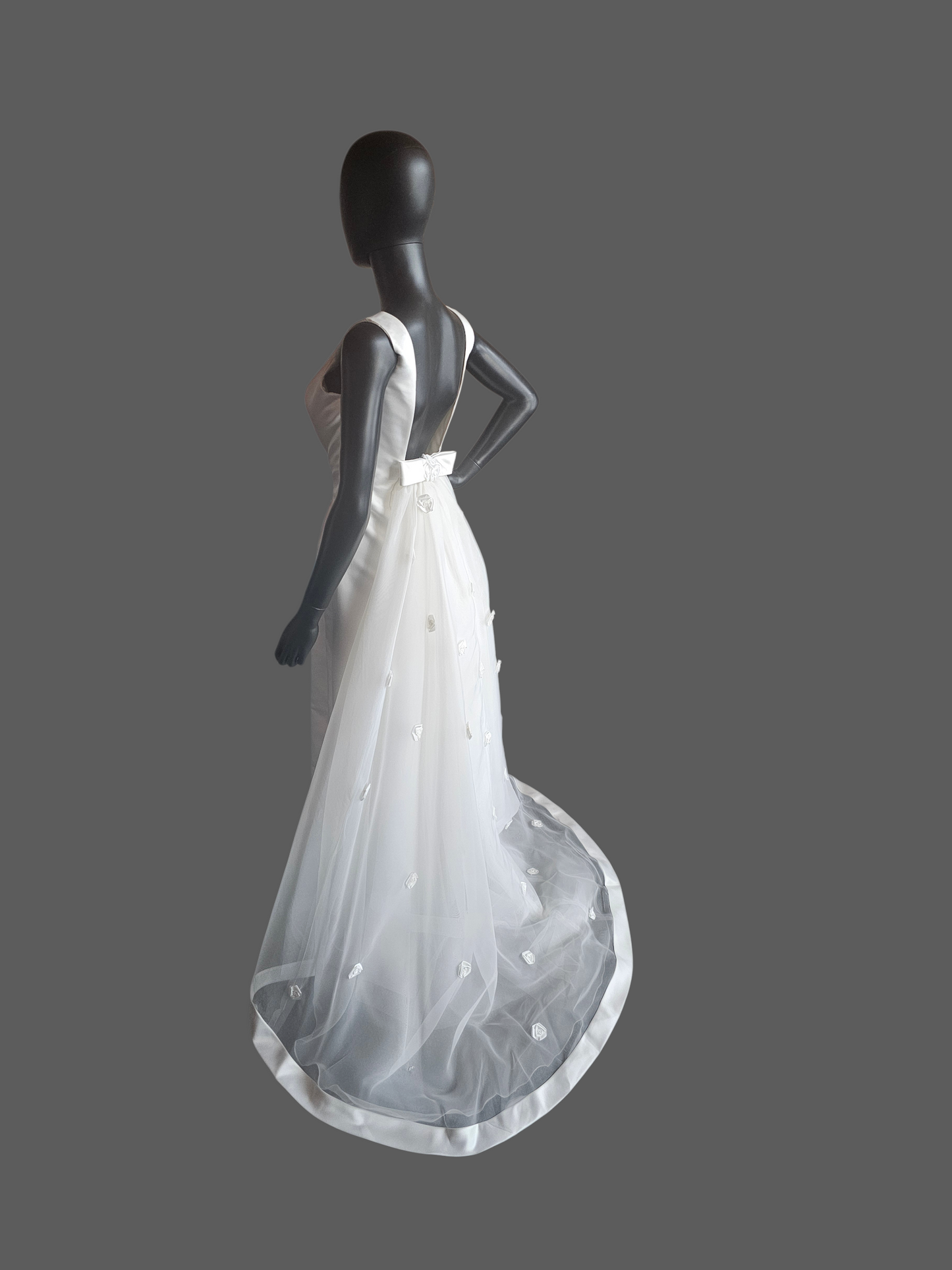 Vintage White Square Neck Detached Rose Train Wedding Gown - Galina