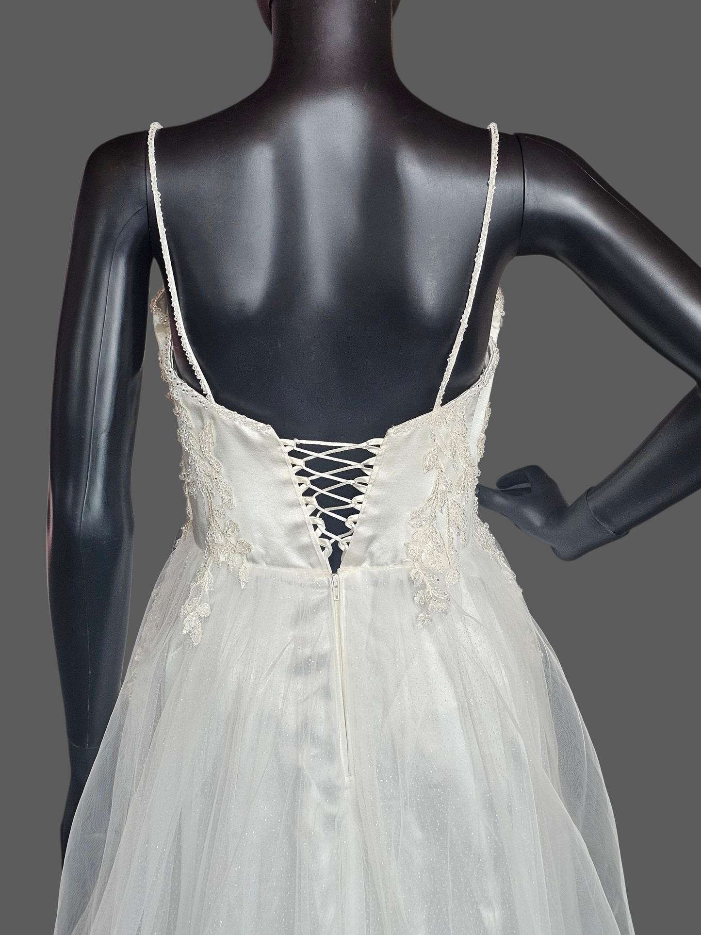 Spaghetti Strap Ivory Floral Embroidered Side Slit Wedd8ng Gown - Di La Sena