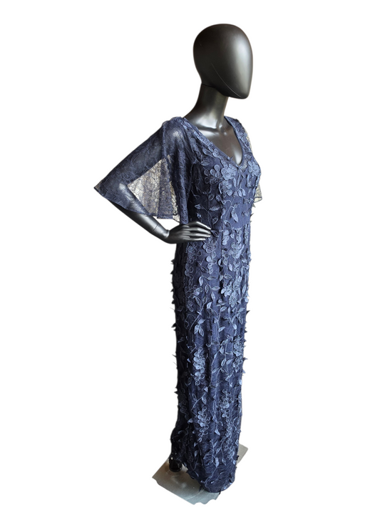 Navy 3D Floral Flutter Illusion Sleeves V-Neck Fit/Flare Slit Formal/Moms Dress  - Adrianna Papell