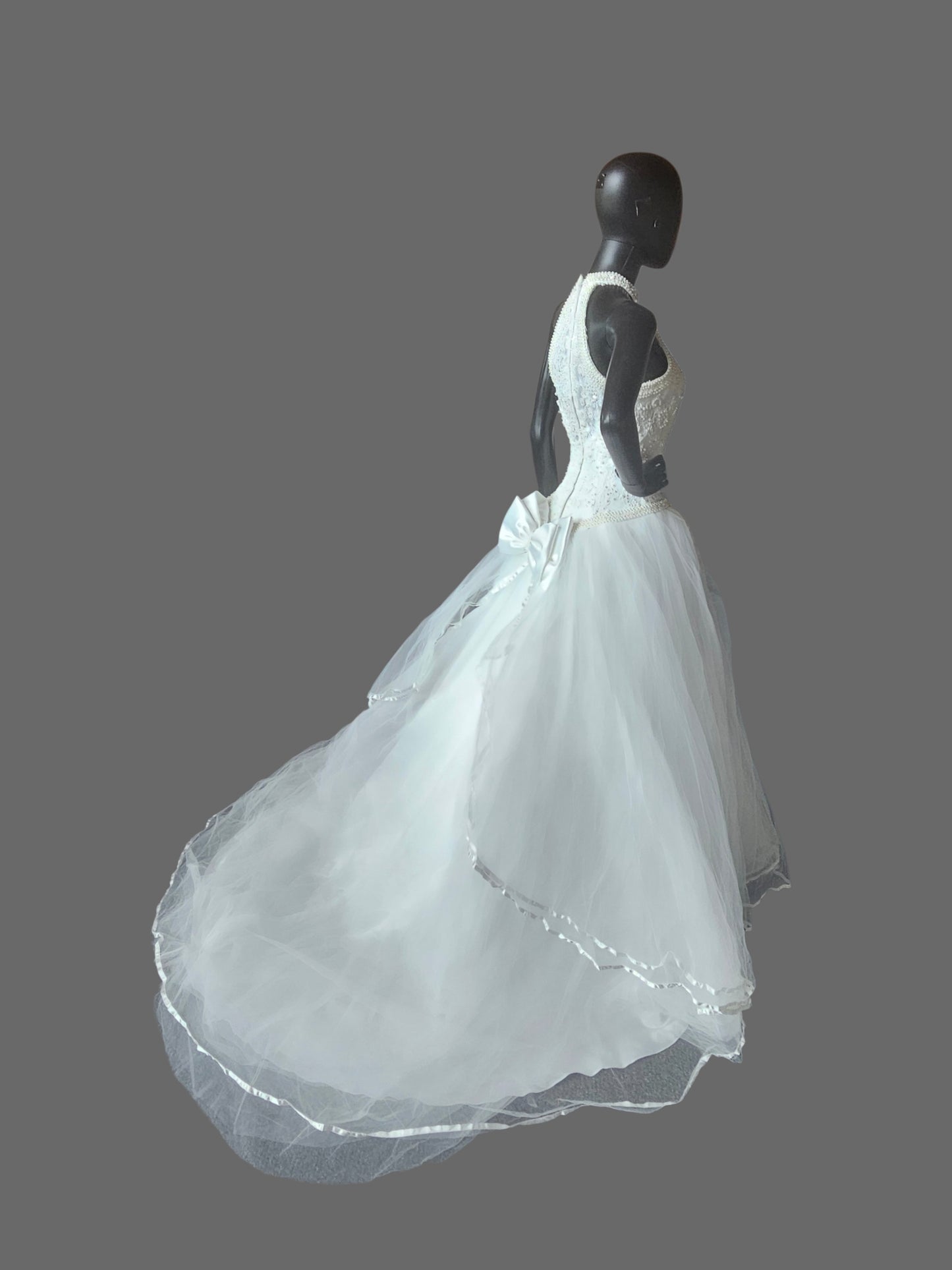 Vintage 90's Pearl Racer Halter Tulle Ballgown Wedding Dress  - Mori Lee