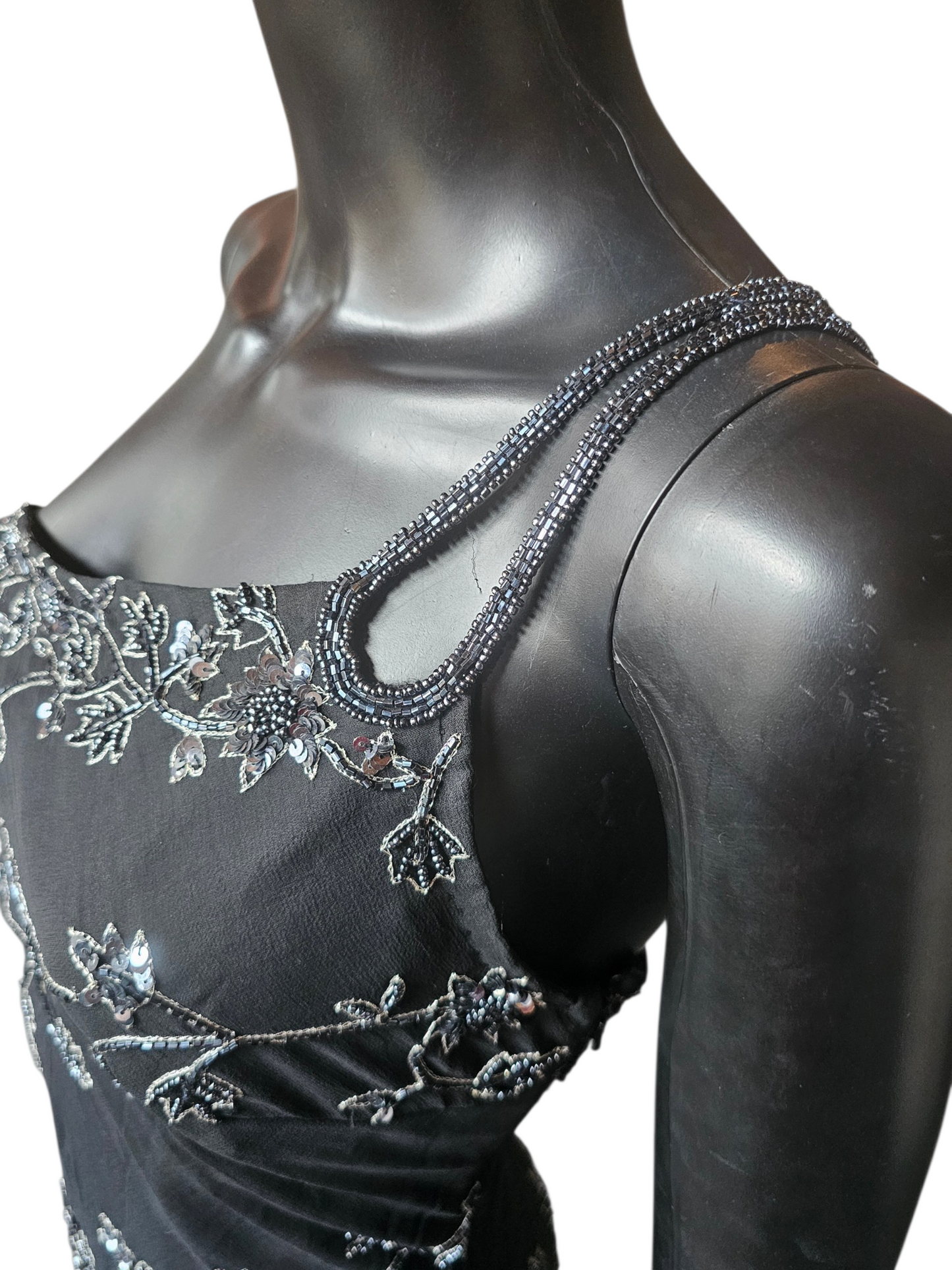 100% Silk Vintage Black Beaded Asymmetrical HighLow Dress - Scala