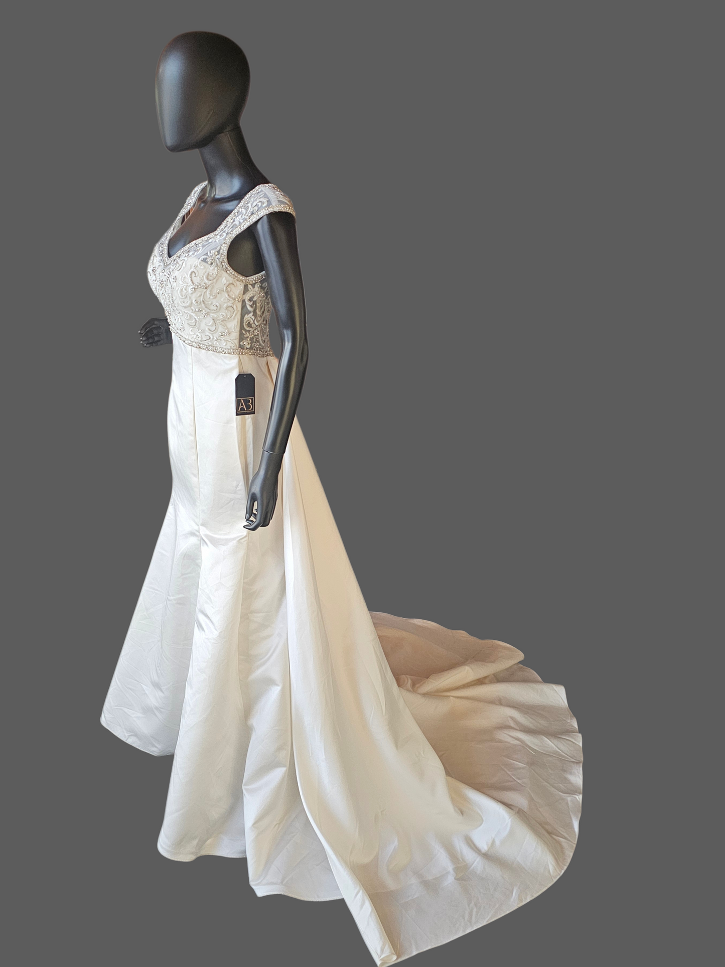 Ivory Satin Empire V-Neck Cap Sleeve Fit/Flare Wedding Gown - Da Vinci