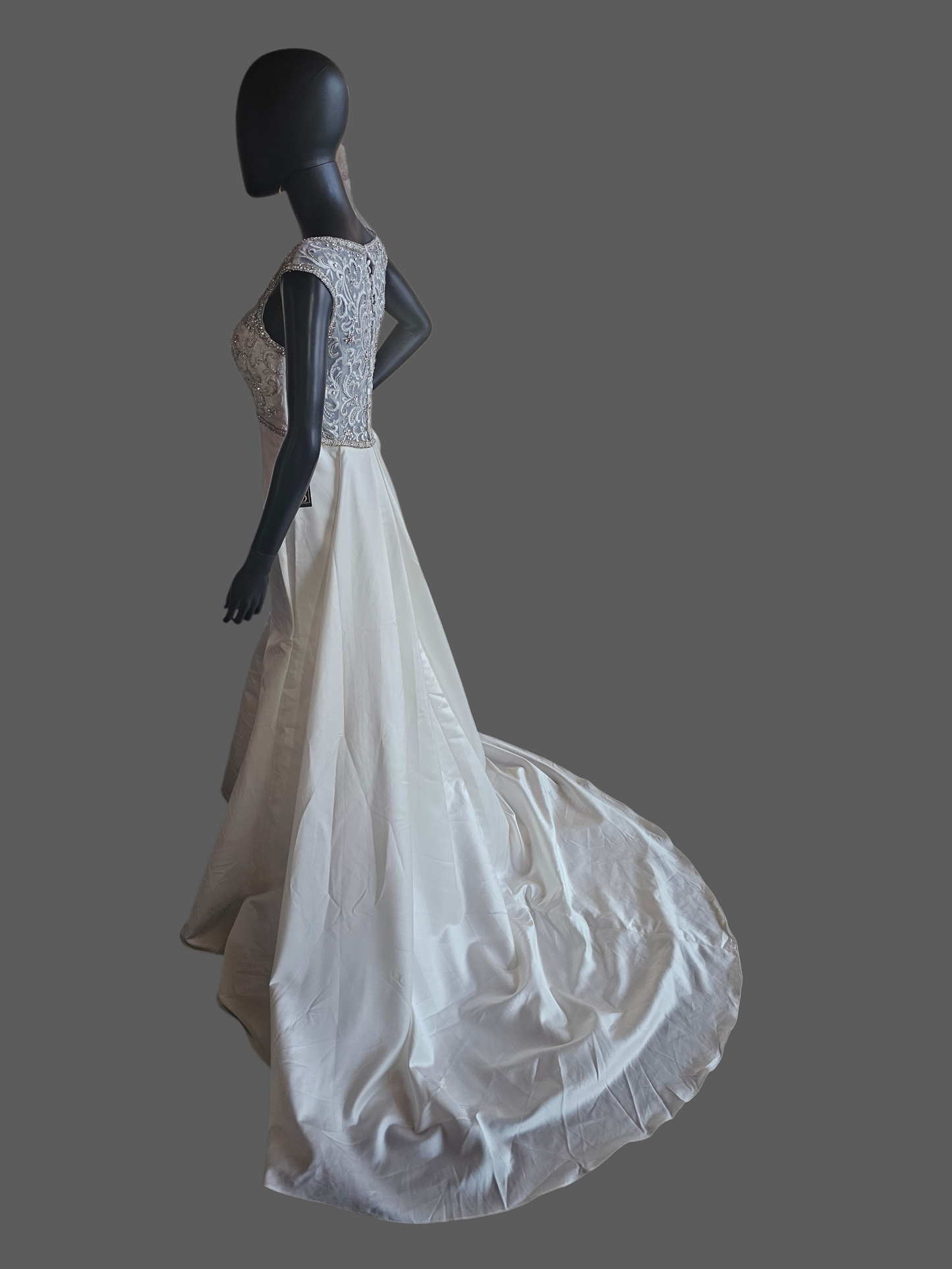 Ivory Satin Empire V-Neck Cap Sleeve Fit/Flare Wedding Gown - Da Vinci