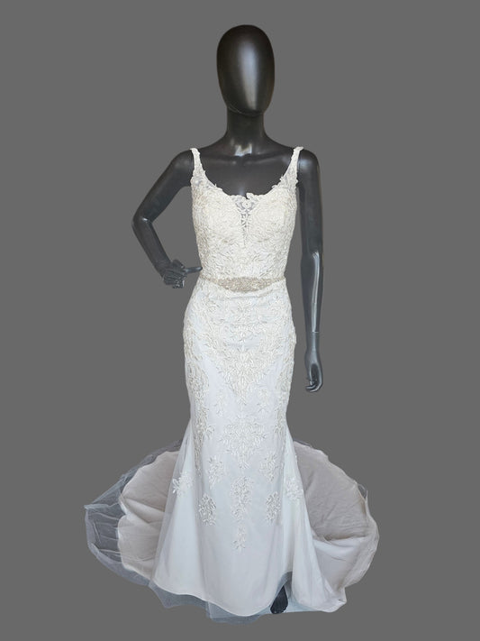 Lace V-Neck Belted Fit/Flare Wedding Gown - DaVinci