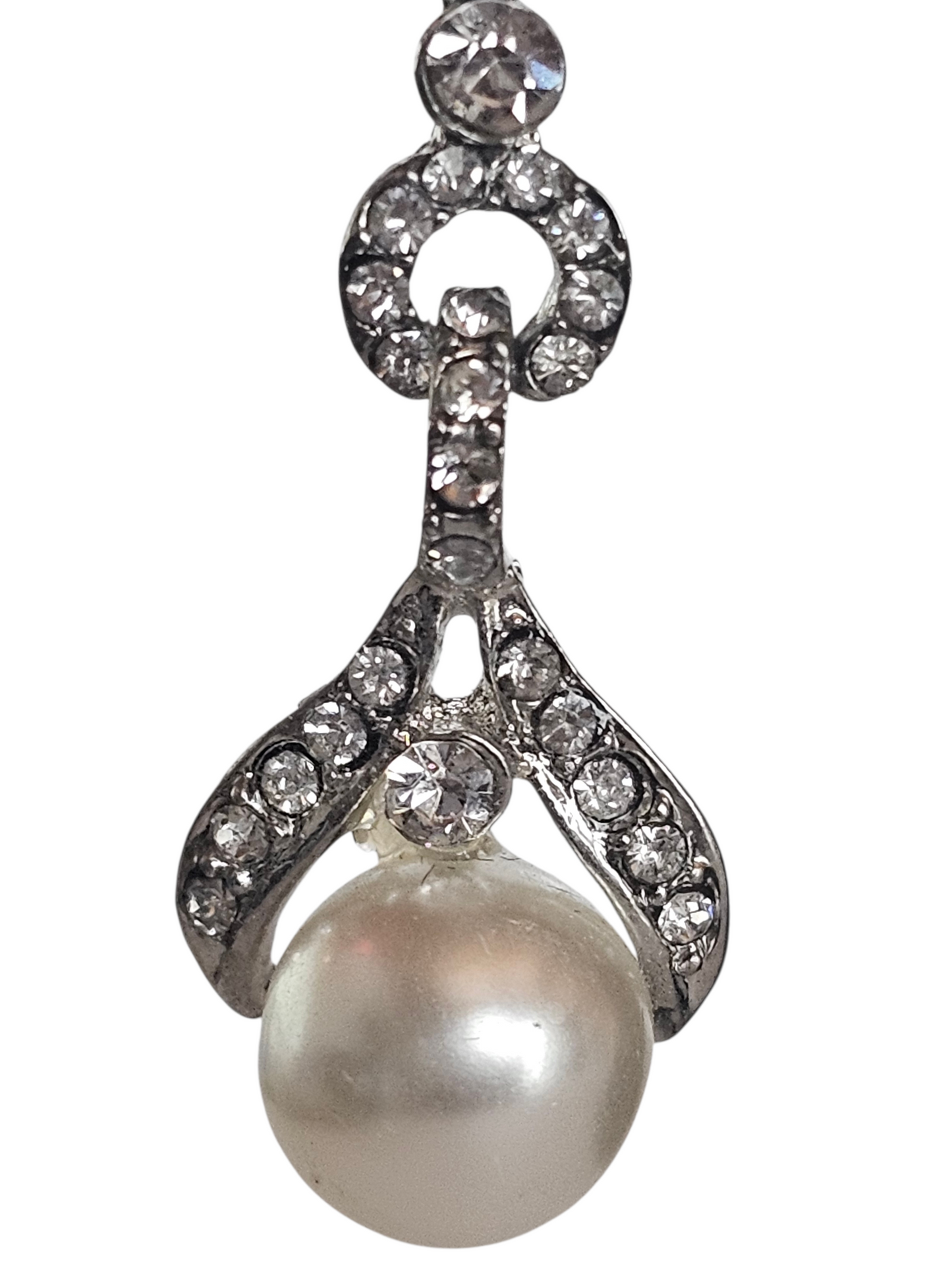 Long Silver/Rhinestone Pearl Drop Earring - Mariell