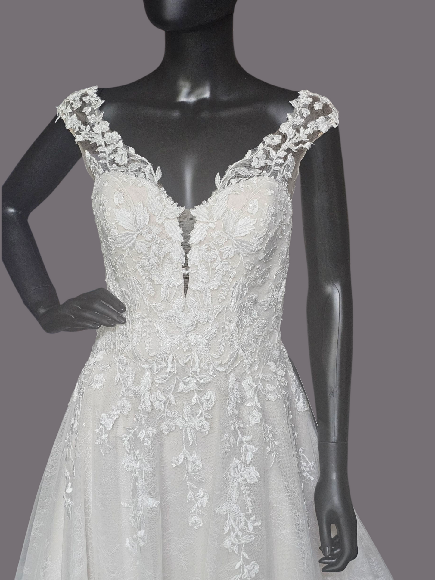 Champagne Lace V-Neck Illusion Back Wedding Gown - Mori Lee