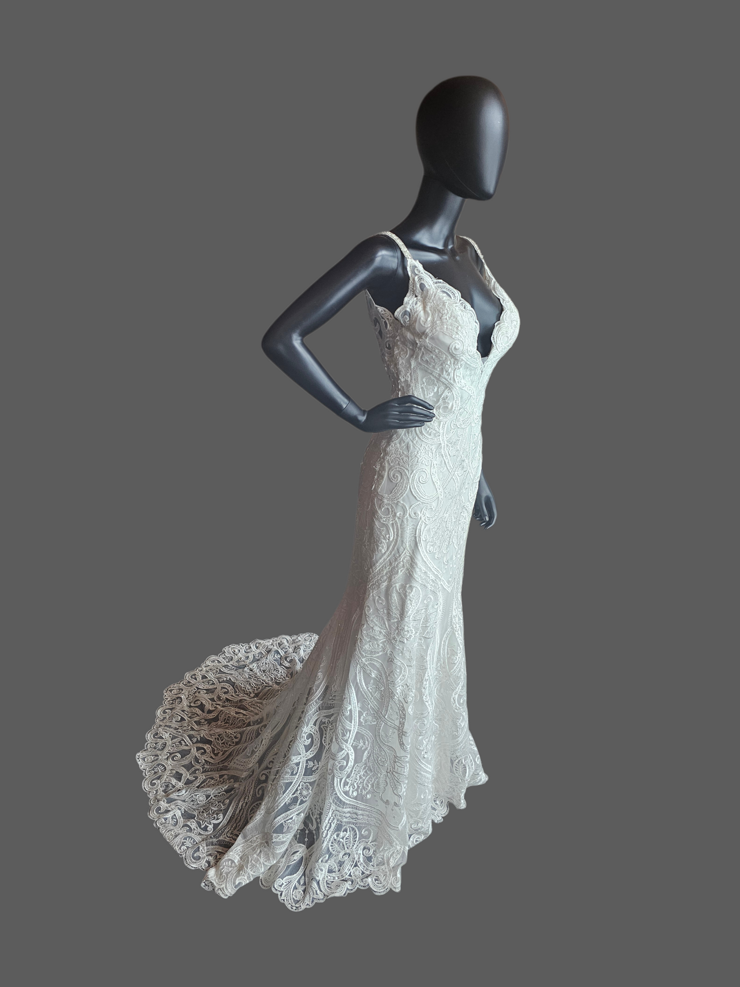 White Plunge V-Neck Lace Fit/Flare Wedding Gown - Hadley Bloom