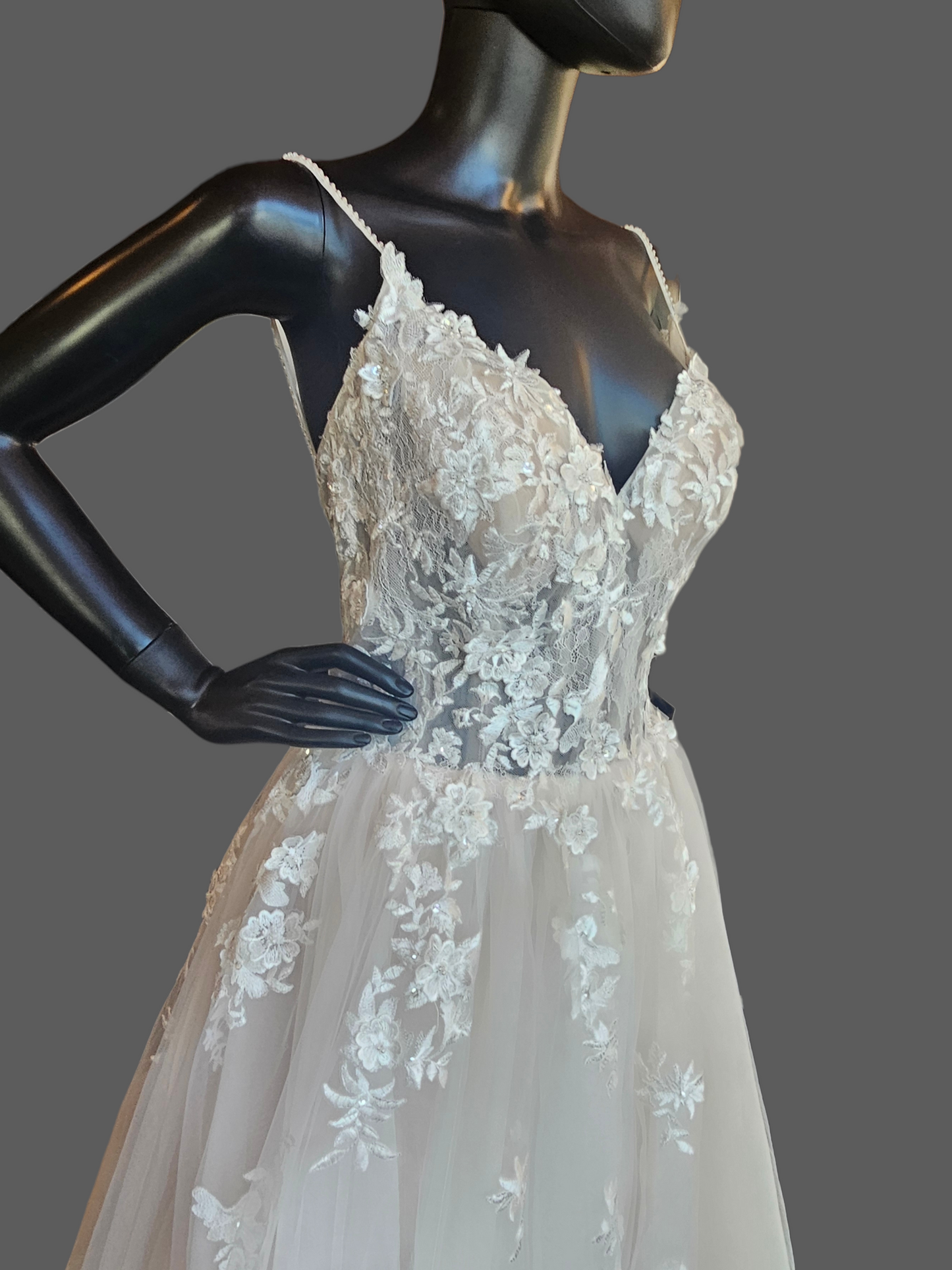 Ivory/Champagne 3D Floral Full Skirt Boho Lace Illusion Bodice Wedding Gown - Beloved