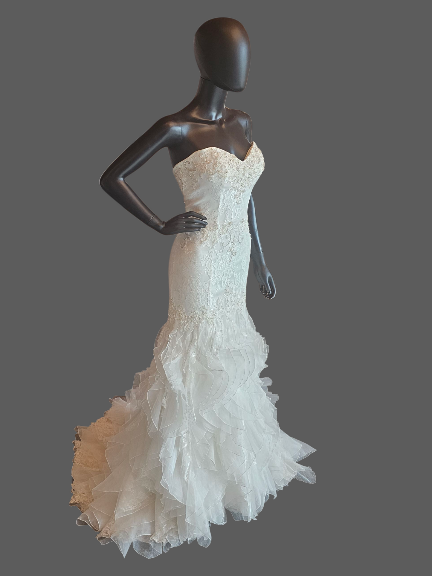 Ivory Lace Strapless Sweetheart Fit/Flare Verticle Ruffle Wedding Gown - Casablanca