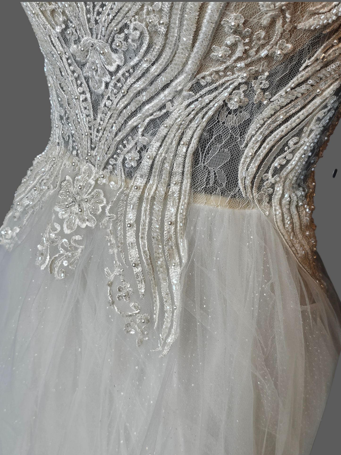 Ivory Spaghetti Strap Illusion Bodice Tulle A-Line Wedding Gown - Di La Sena - NWT