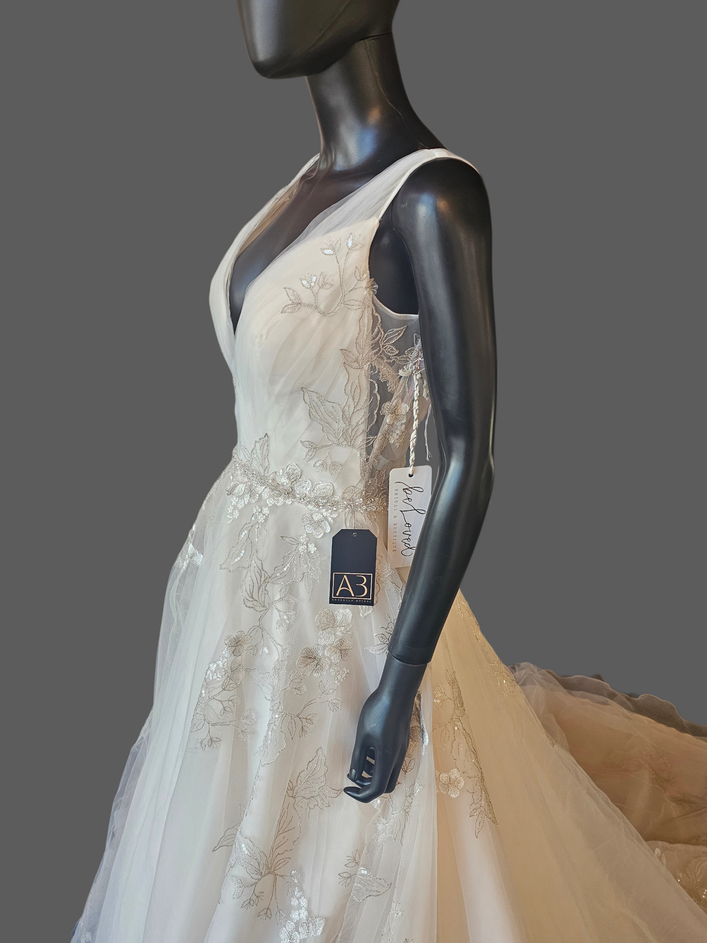 Ivory/Vanilla V-Neck Belted A-line Floral Embroidered Wedding Gown - Martin Thornburg