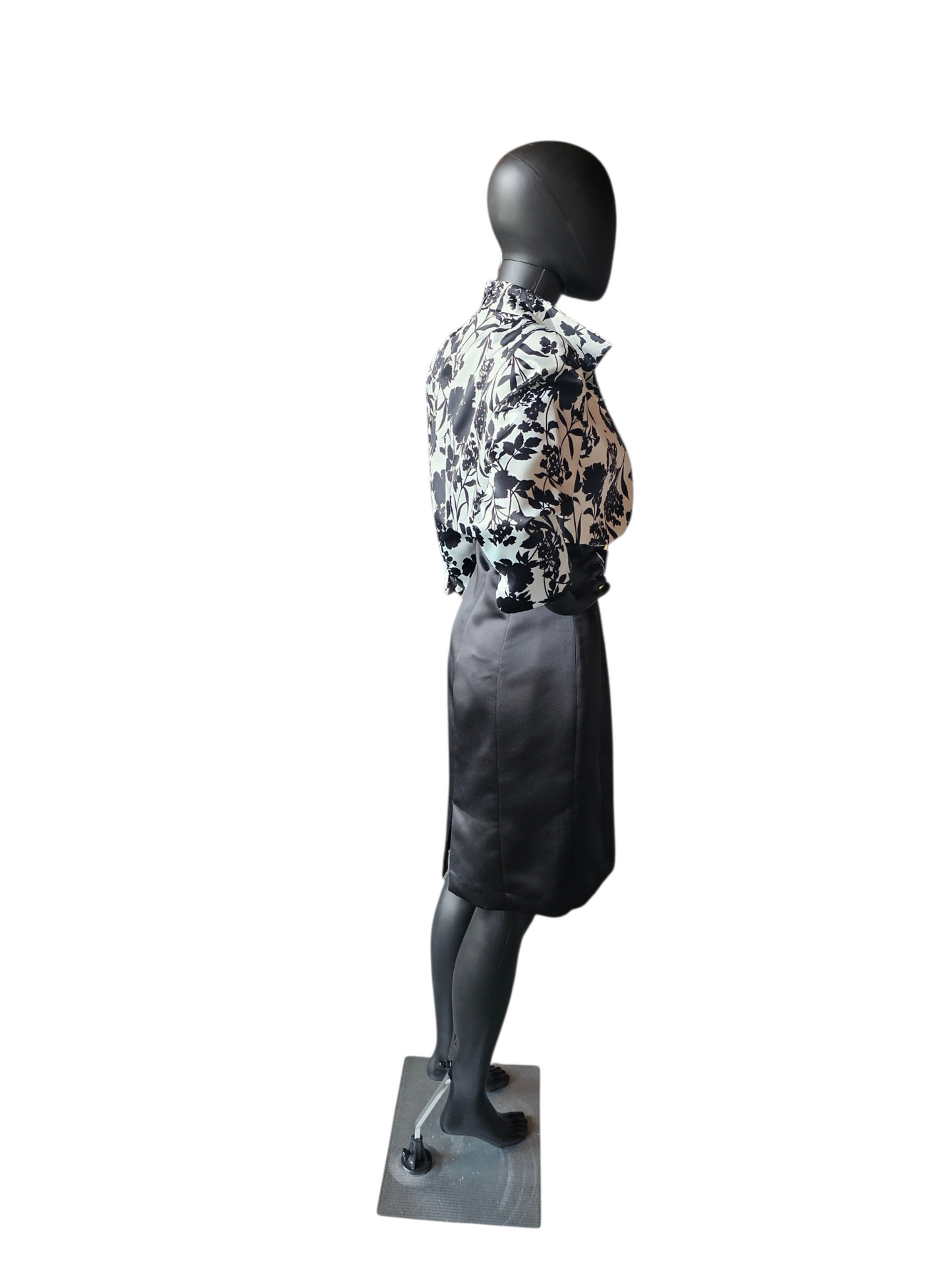 Black/White Floral Satin Cocktail Dress & Cropped Jacket - Tahari