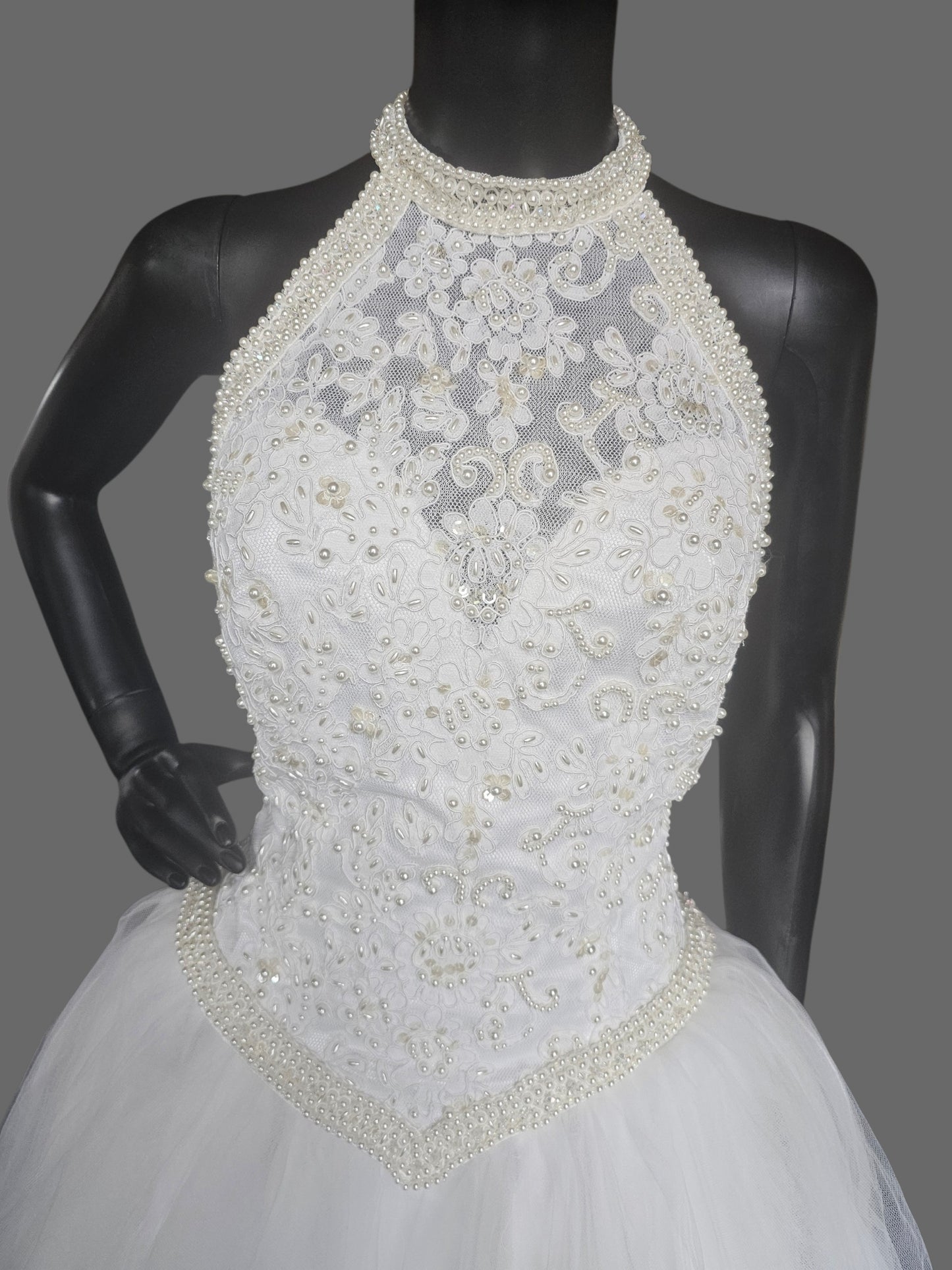 Vintage 90's Pearl Racer Halter Tulle Ballgown Wedding Dress  - Mori Lee