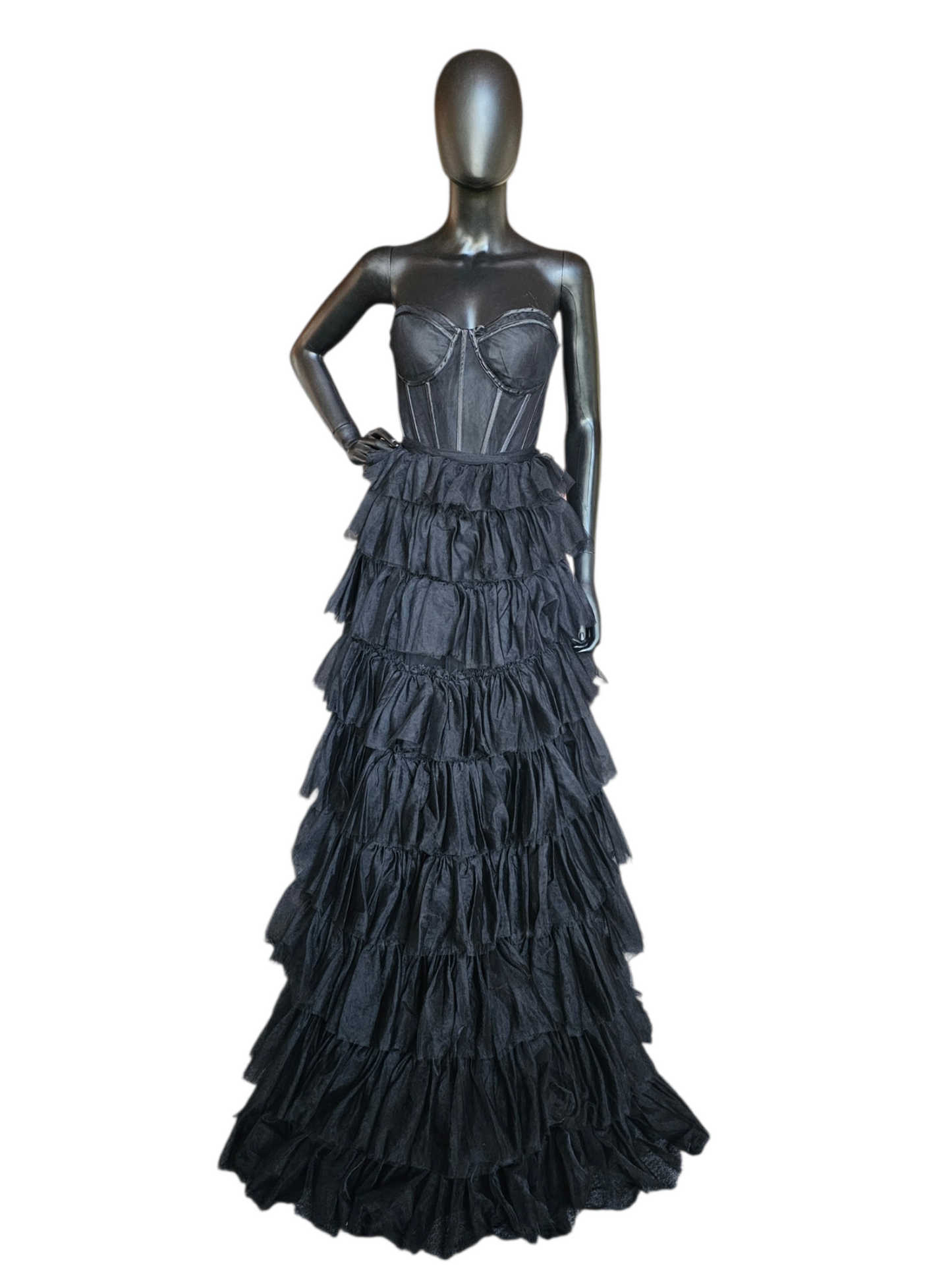 Black A-Line Illusion Corset Tiered Skirt Formal/Prom Dress - Cecilia