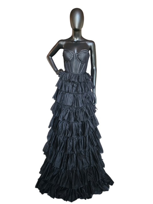 Black A-Line Illusion Corset Tiered Skirt Formal/Prom Dress - Cecilia