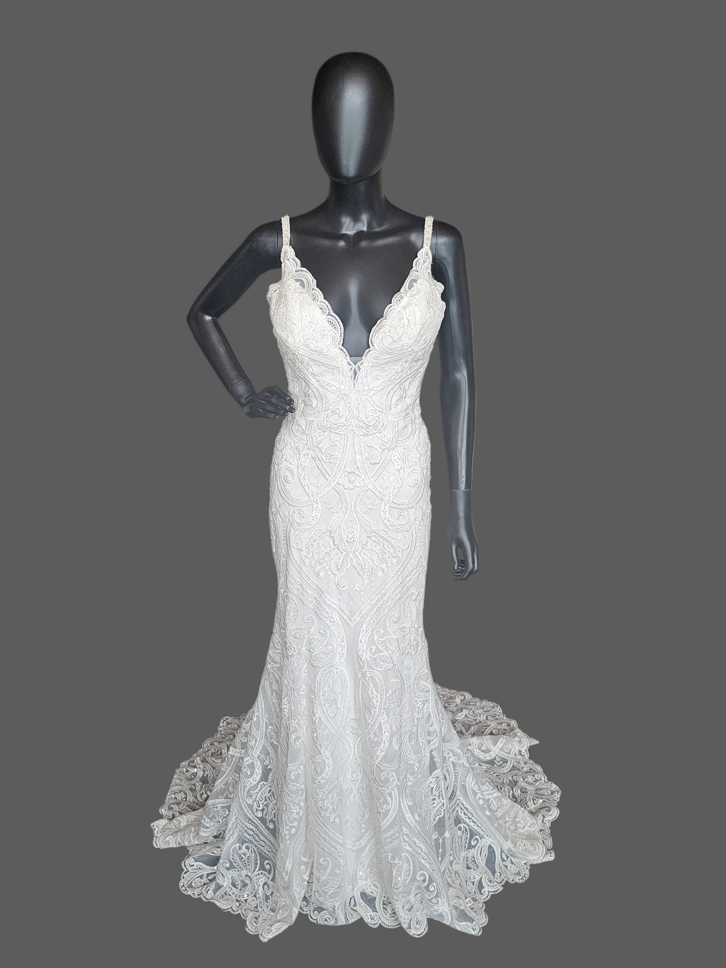 White Plunge V-Neck Lace Fit/Flare Wedding Gown - Hadley Bloom
