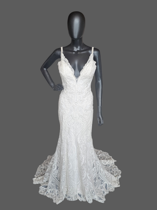 White Plunge V-Neck Lace Fit/Flare Wedding Gown - Hadley Bloom