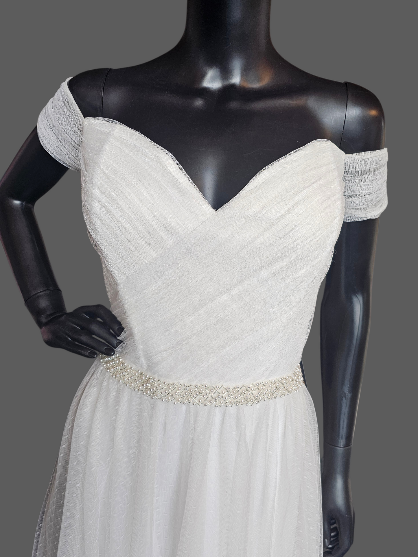 Ivory Swiss Dot Off Shoulder Cap Sleeve Pearl Belt Wedding Dress - Da Vinci
