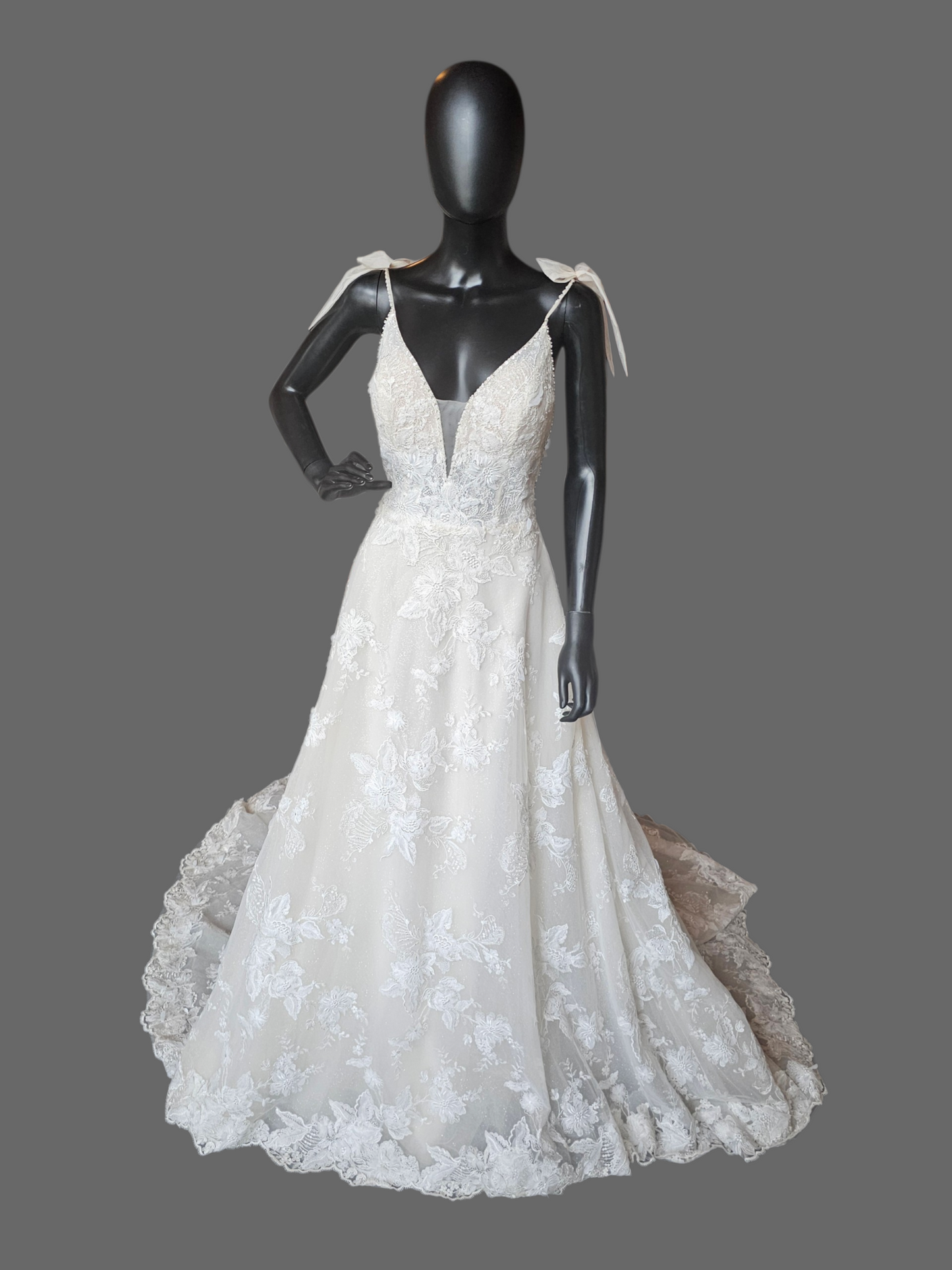 Honey 3D Floral Plunge Bow Shoulder Wedding Gown - Martin Thornburg