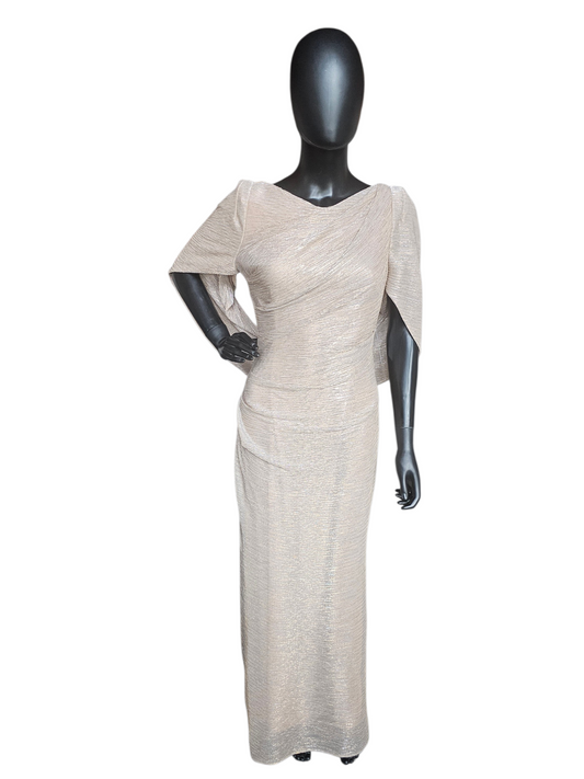 PETITE Gold Shimmer Fitted Shawl Sleeve Maxi Formal Dress NWT - Betsy + Adam
