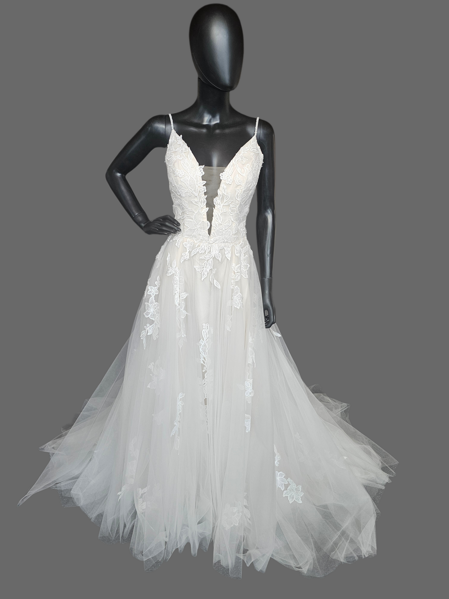 Ivory/Blush Floral Embroidered Plunge A-Line Wedding Gown - Casablanca Beloved