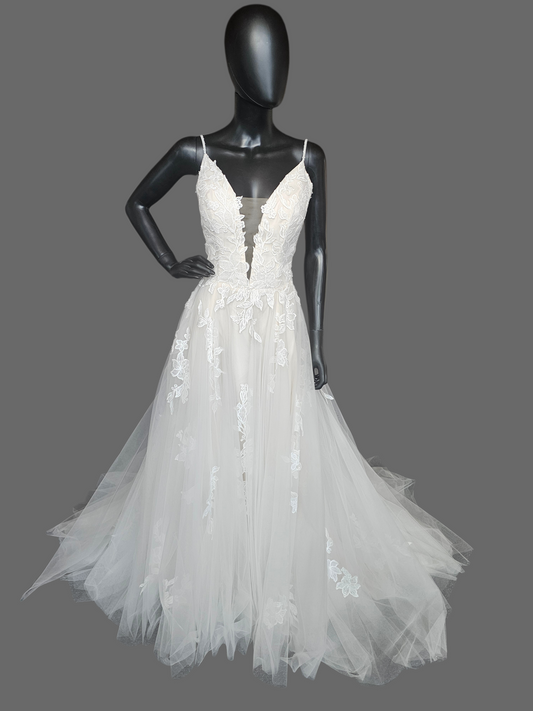 Ivory/Blush Floral Embroidered Plunge A-Line Wedding Gown - Casablanca Beloved