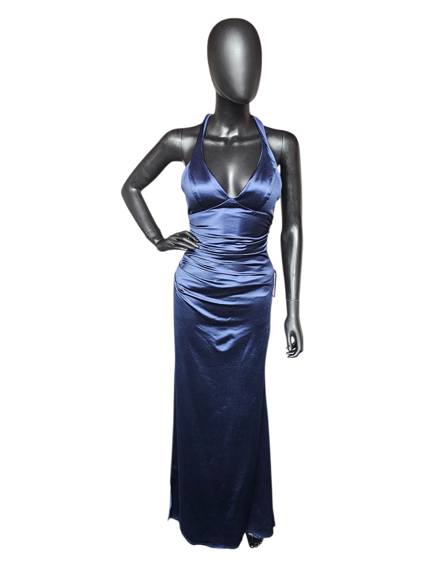 Navy Stretch Charmeuse Open Back Halter Maxi Dress - B. Darlin