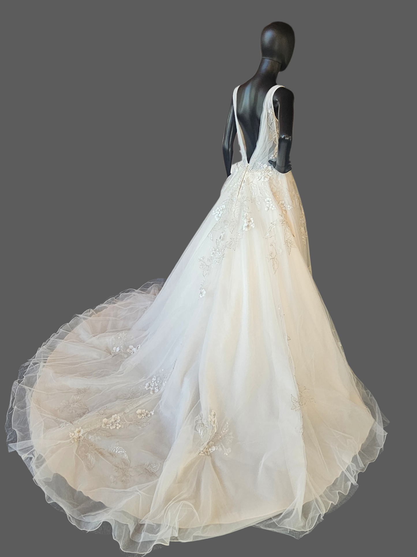 Ivory/Vanilla V-Neck Belted A-line Floral Embroidered Wedding Gown - Martin Thornburg