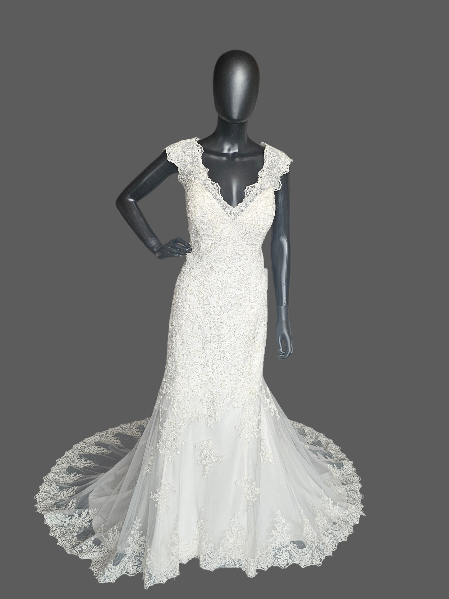 Corded Ivory Lace Fit/Flare Cap Sleeve Wedding Gown - Da Vinci