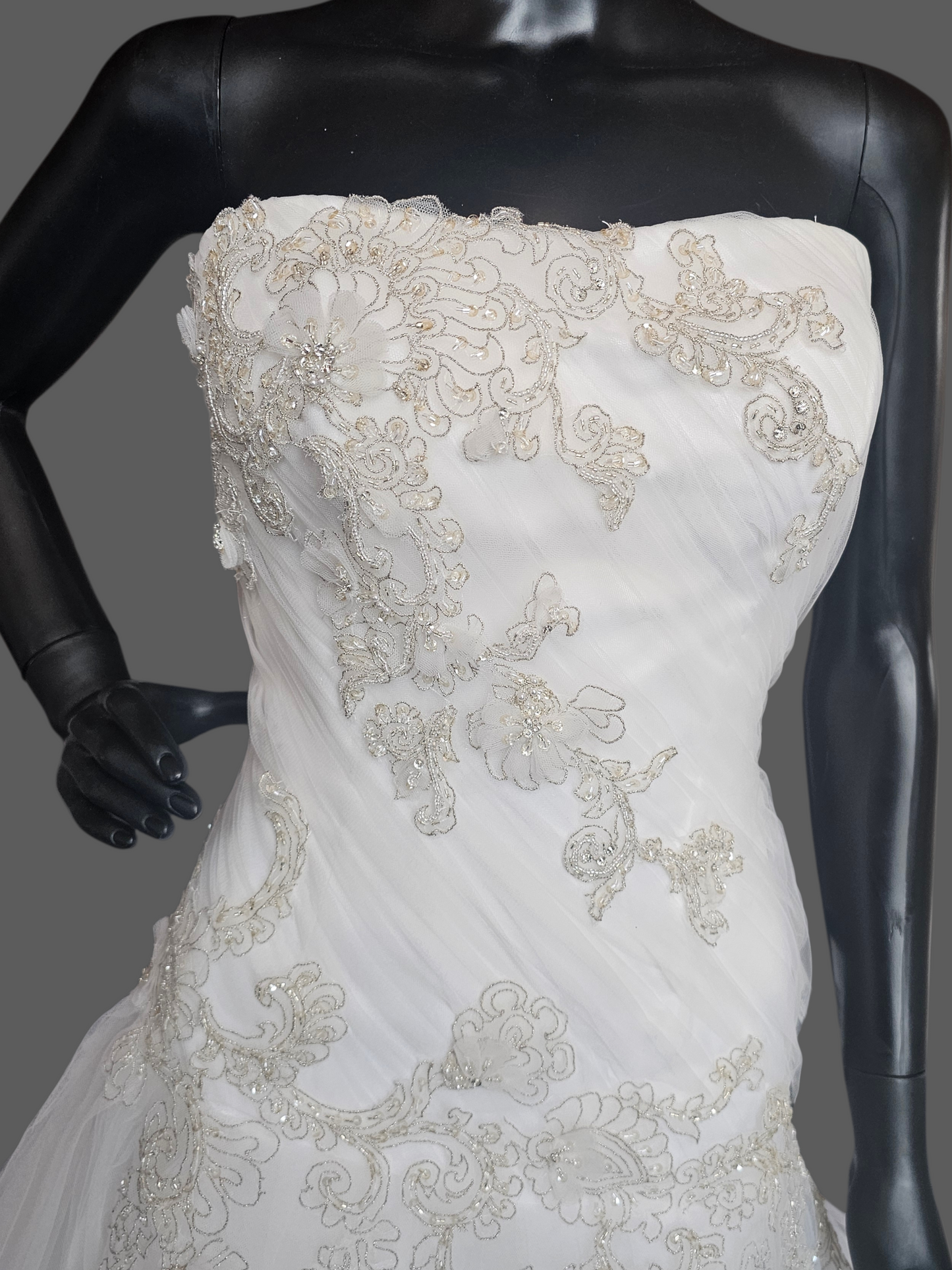 White Tulle Asymmetrical Drop Waist Silver/Gold Embroidered Strapless Wedding Gown - Casablanca