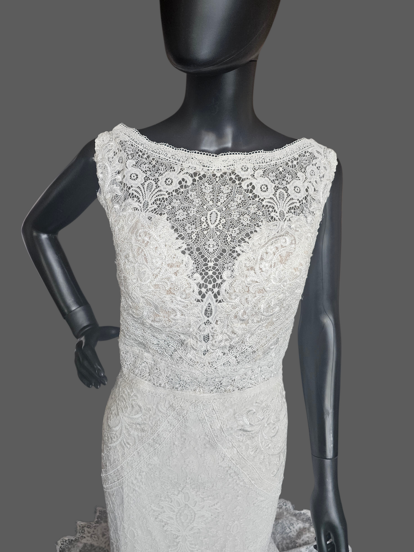 Boatneck Lace Ivory Fit/Flare Boho Wedding Gown - Lillian West