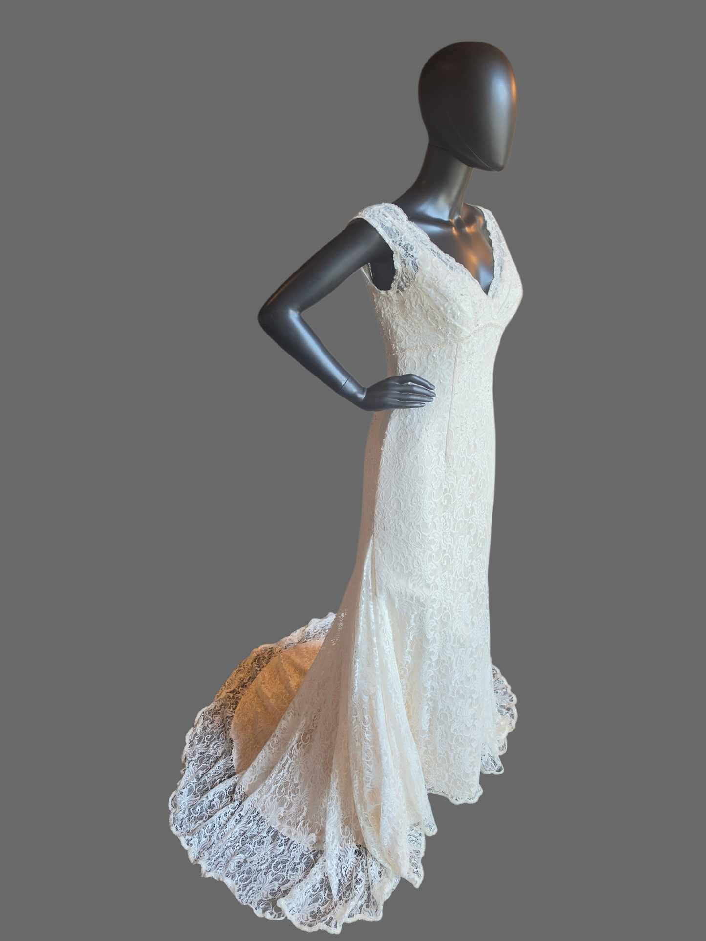 Ivory Lace V-Neck Fit/Flare Wedding Gown - Davids Bridal (NWT)