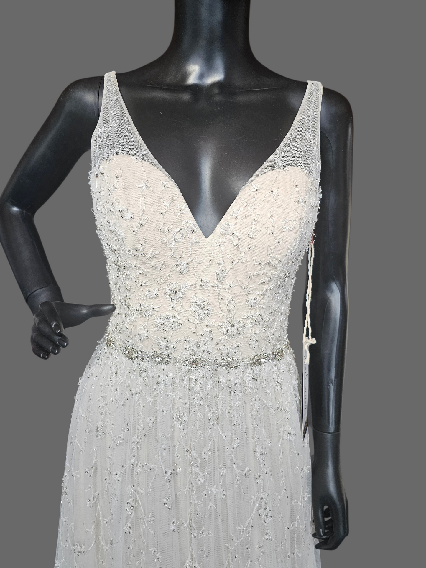 Ivory/Champagne Soft Netting Plunge V-Neck Open Back Wedding Gown - Martin Thornburg